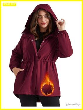 Plus Size Fleece Lined Waterproof Rain Jacket Hooded Windbreaker